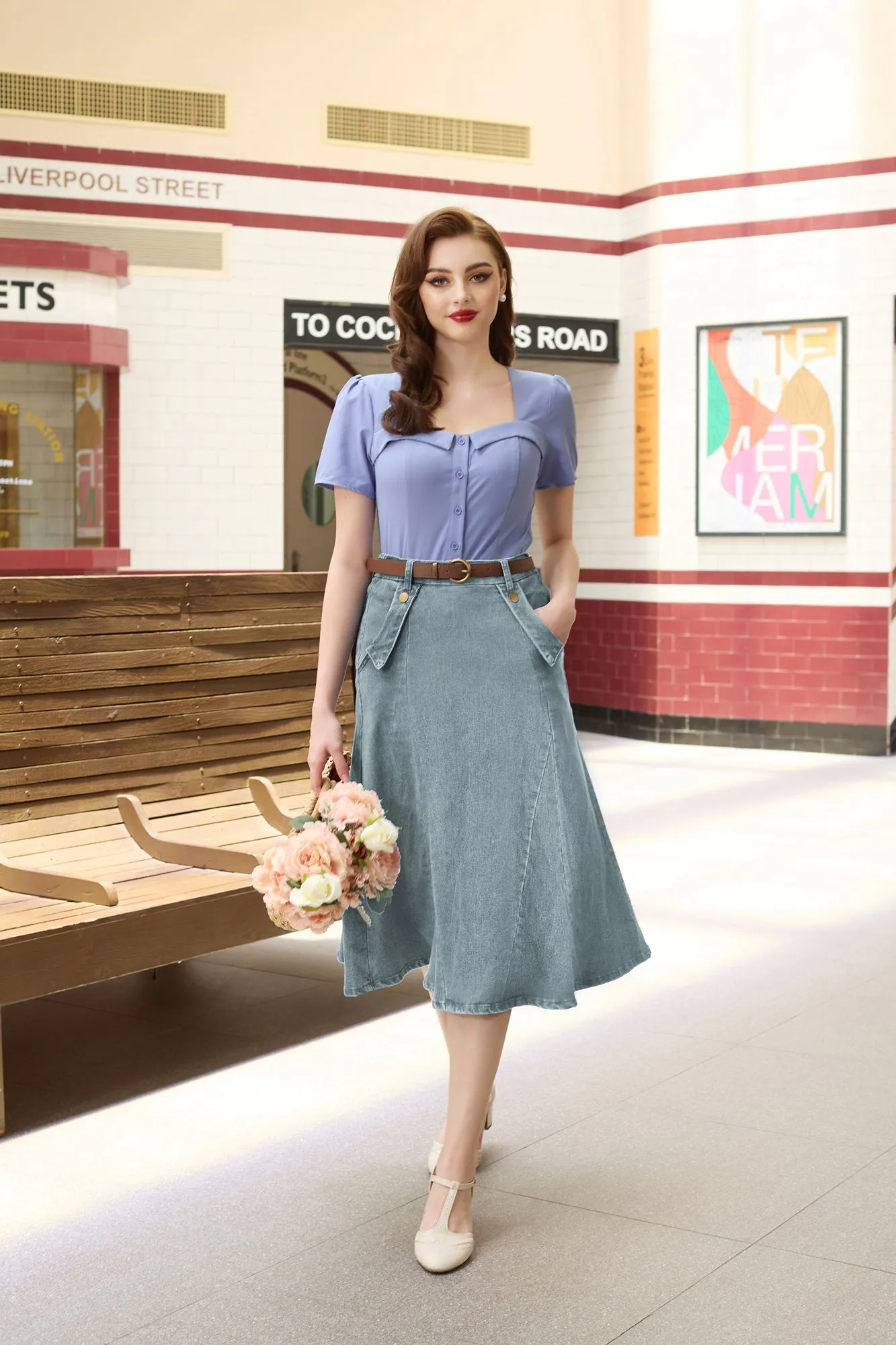 Denim Skirts Knee Length Vintage Elastic High Waist A-Line Midi Jean Skirts with Pockets