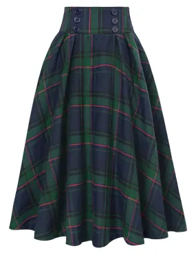 Elastic Waist Plaided Skirt High Waist Buttons Decorated Flared A-Line Skirt with Pockets