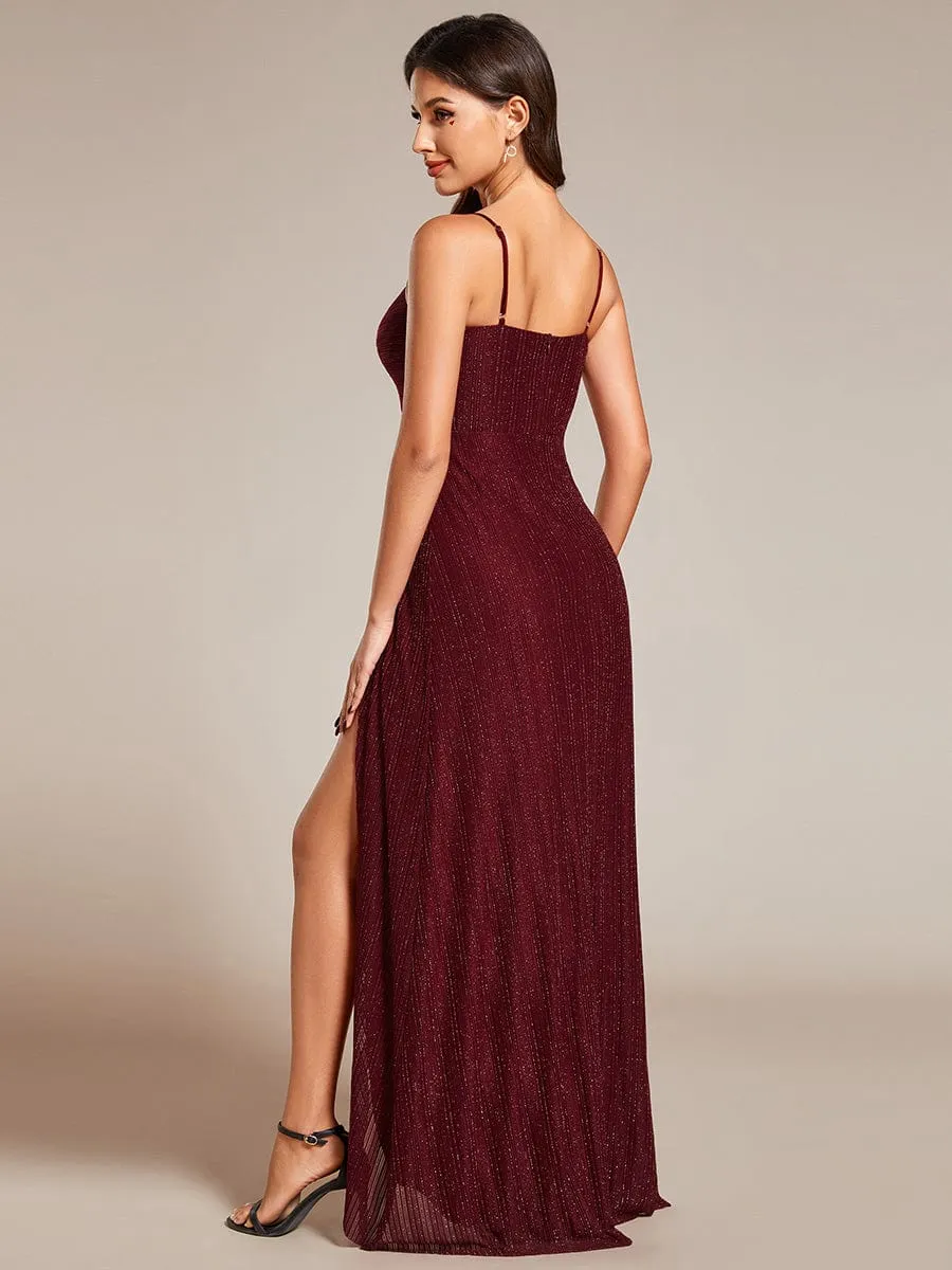 Elegant High Slit V-Neck Sleeveless Formal Evening Dress with Pleating