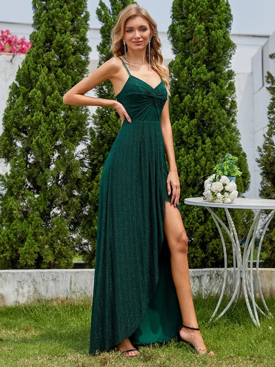 Elegant High Slit V-Neck Sleeveless Formal Evening Dress with Pleating