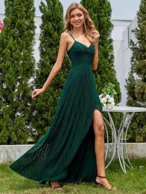 Elegant High Slit V-Neck Sleeveless Formal Evening Dress with Pleating