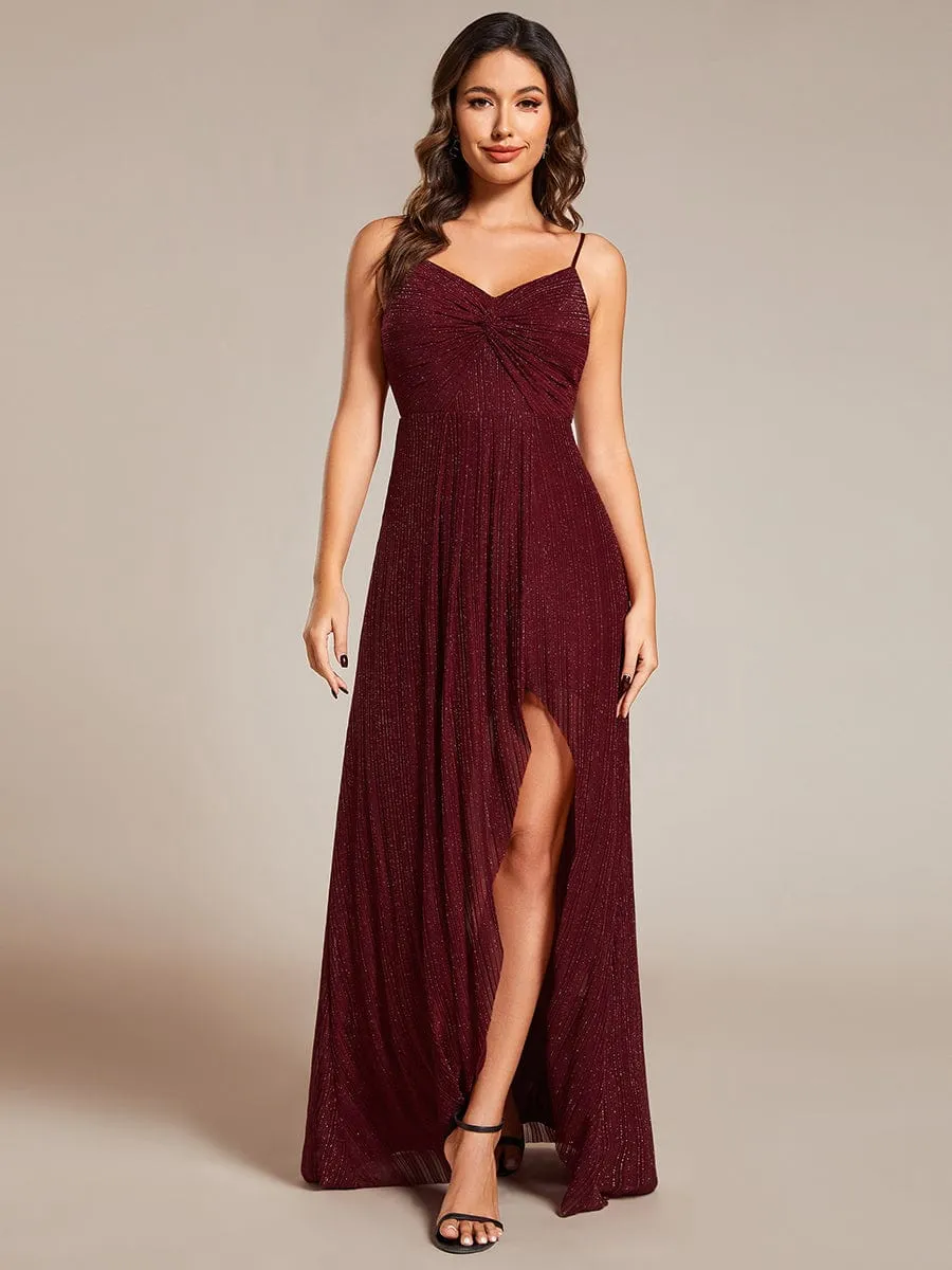 Elegant High Slit V-Neck Sleeveless Formal Evening Dress with Pleating