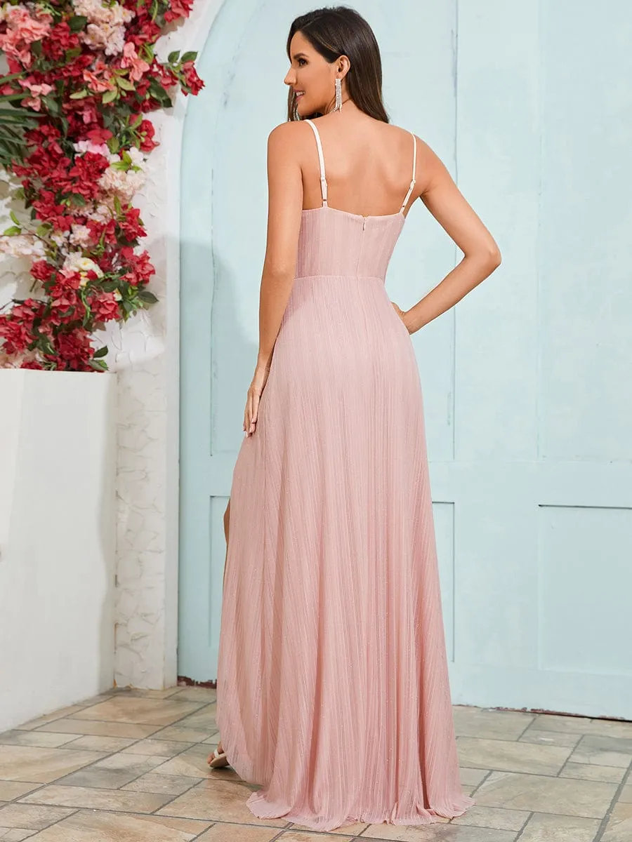 Elegant High Slit V-Neck Sleeveless Formal Evening Dress with Pleating