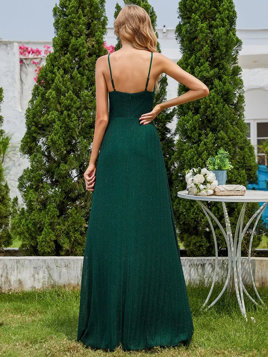 Elegant High Slit V-Neck Sleeveless Formal Evening Dress with Pleating