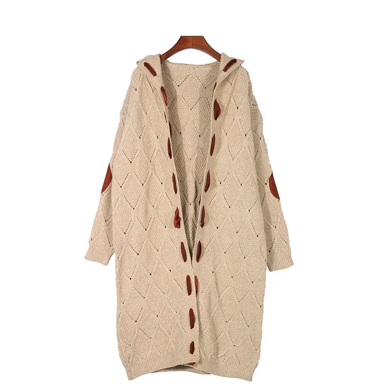 Elegant Hollow Out Braided Long Cardigan Sweater Coat With Hood