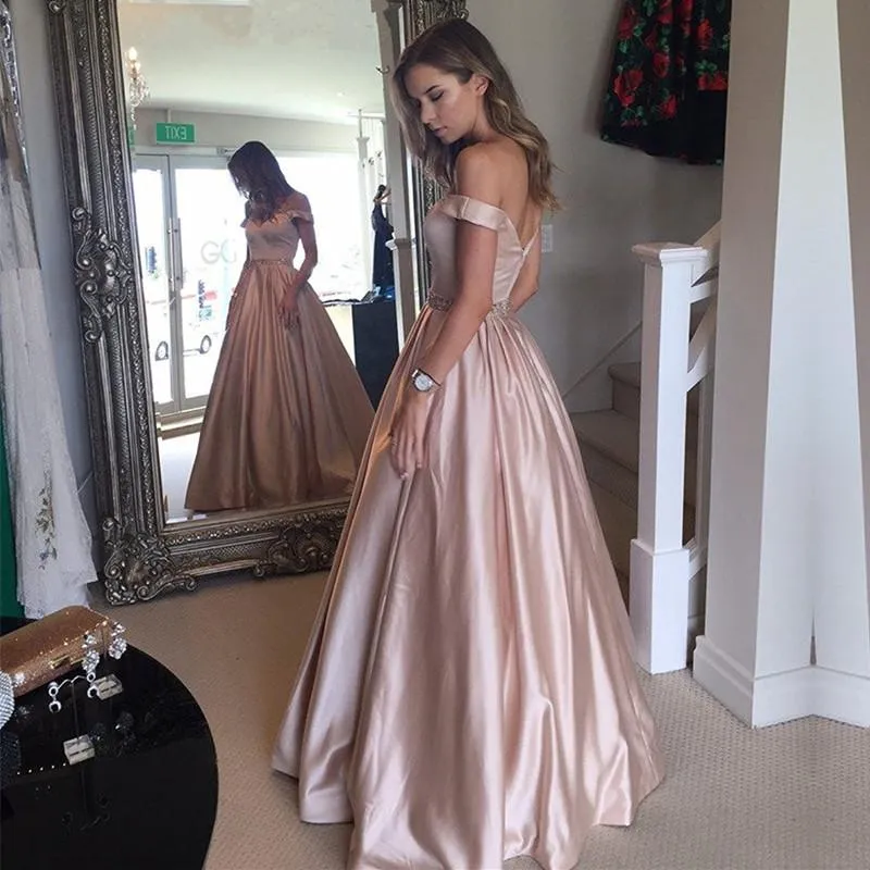 Elegant Long Satin V Neck Off The Shoulder Prom Dresses Ball Gowns