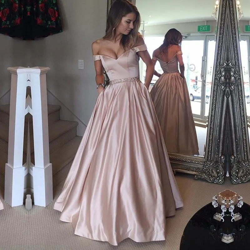 Elegant Long Satin V Neck Off The Shoulder Prom Dresses Ball Gowns