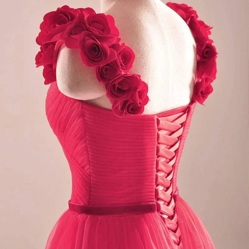 elegant rose flower straps long tulle formal evening dress sexy pleated sweetheart