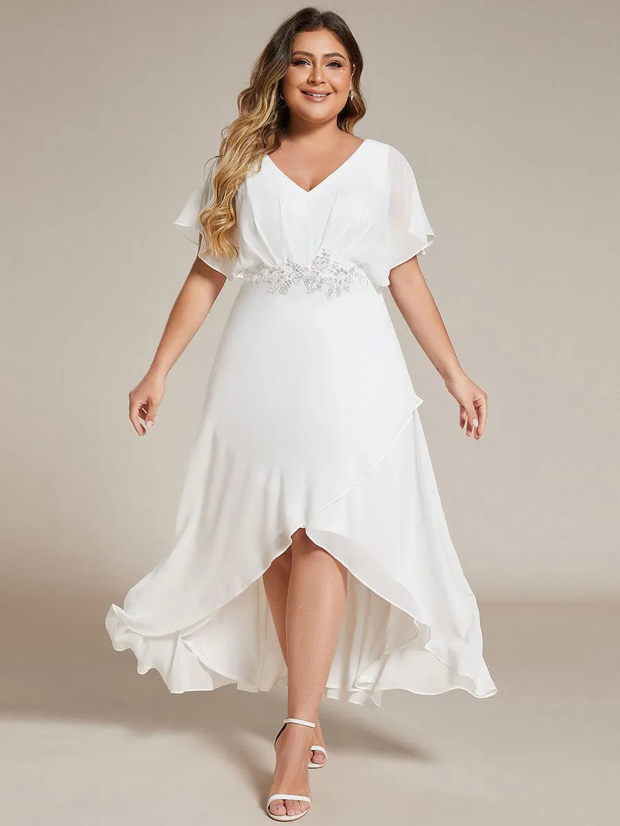 Elegant Short Sleeves A-Line Waist Applique Formal Dress with Lotus Leaf Hem