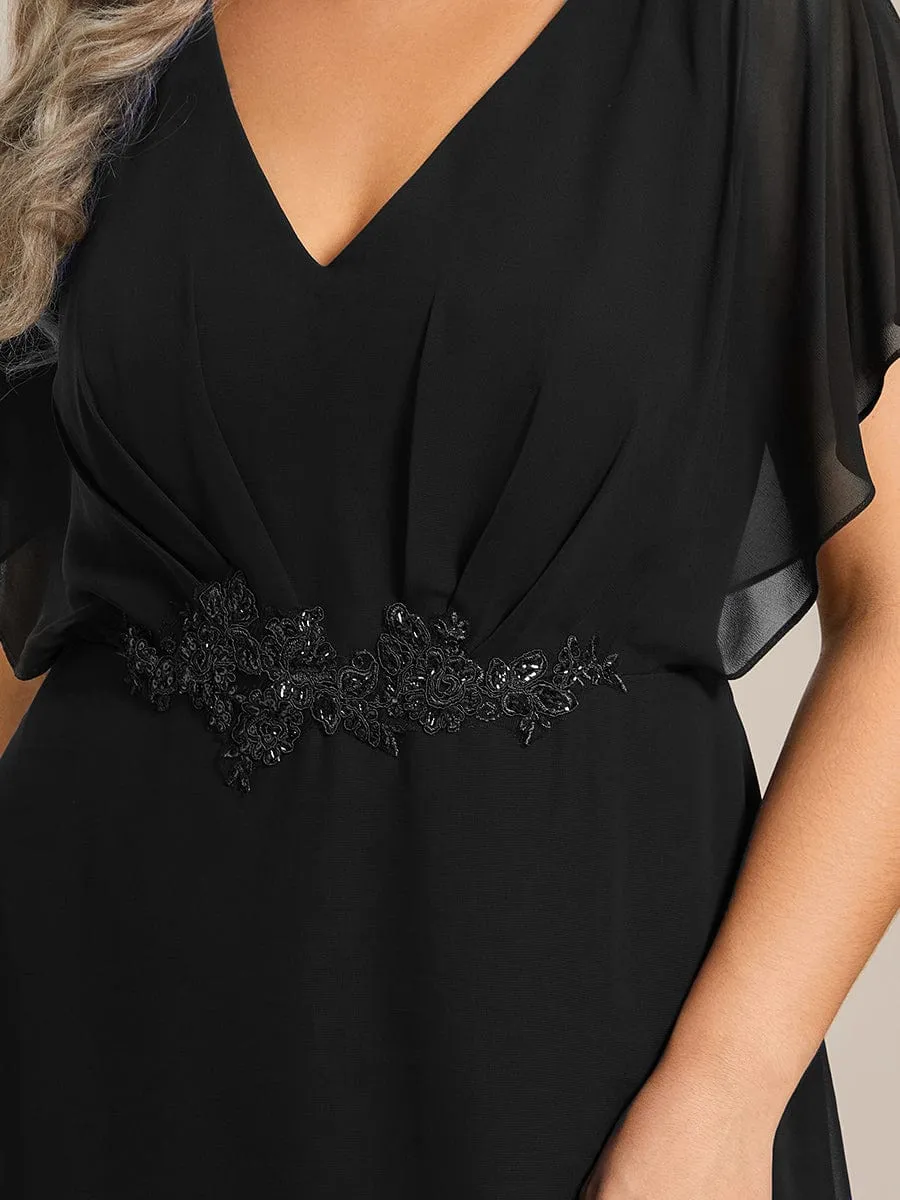 Elegant Short Sleeves A-Line Waist Applique Formal Dress with Lotus Leaf Hem