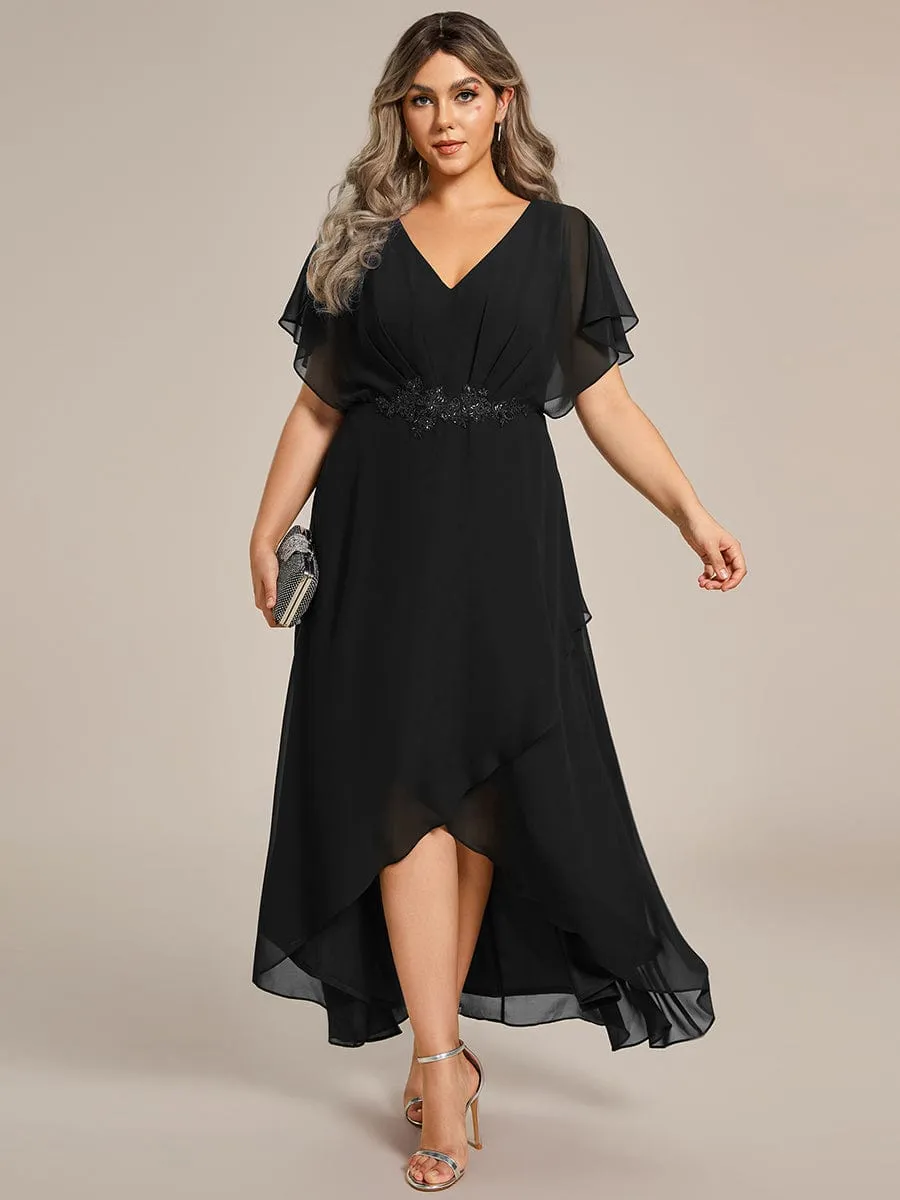 Elegant Short Sleeves A-Line Waist Applique Formal Dress with Lotus Leaf Hem