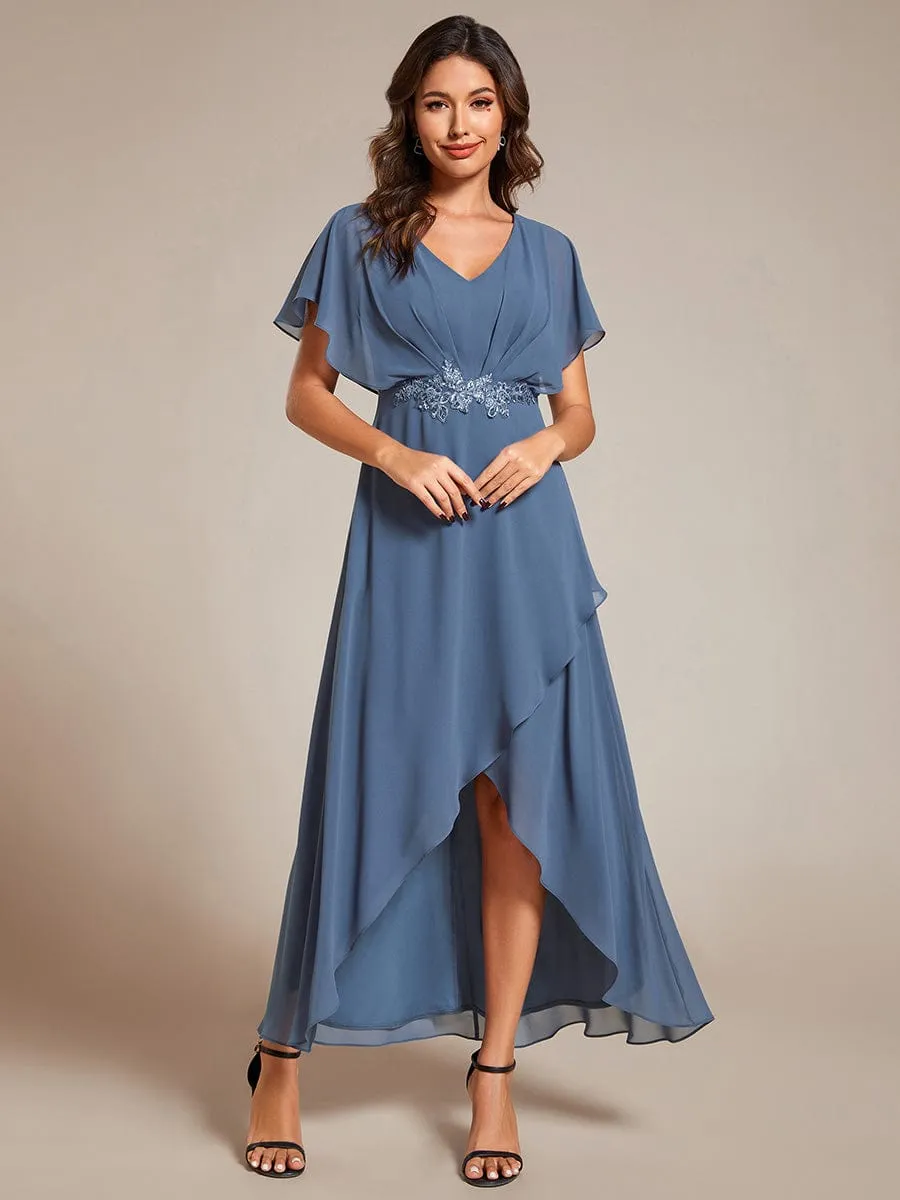 Elegant Short Sleeves A-Line Waist Applique Formal Dress with Lotus Leaf Hem