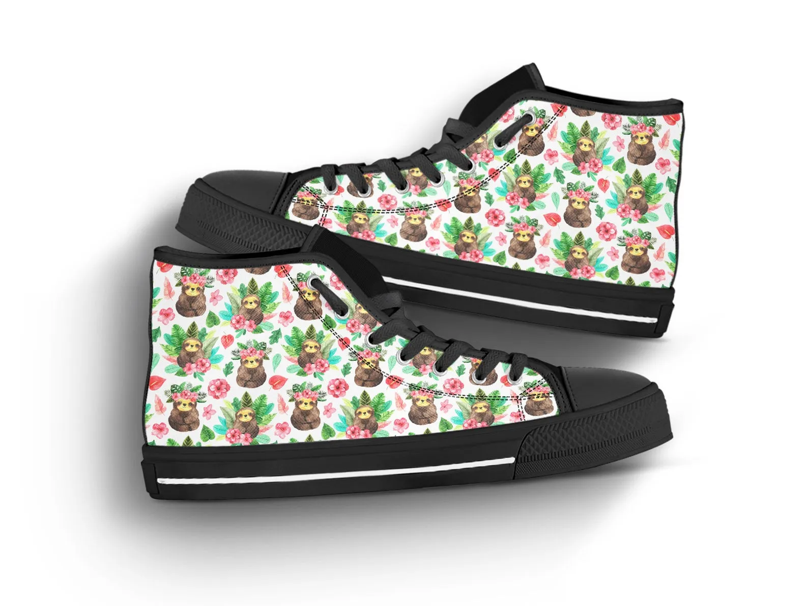 Floral Sloth Shoes Sloth Sneakers Cute Shoes Sloth Lover Gifts Custom High Top Converse Style Sneakers For Adults Women & Men