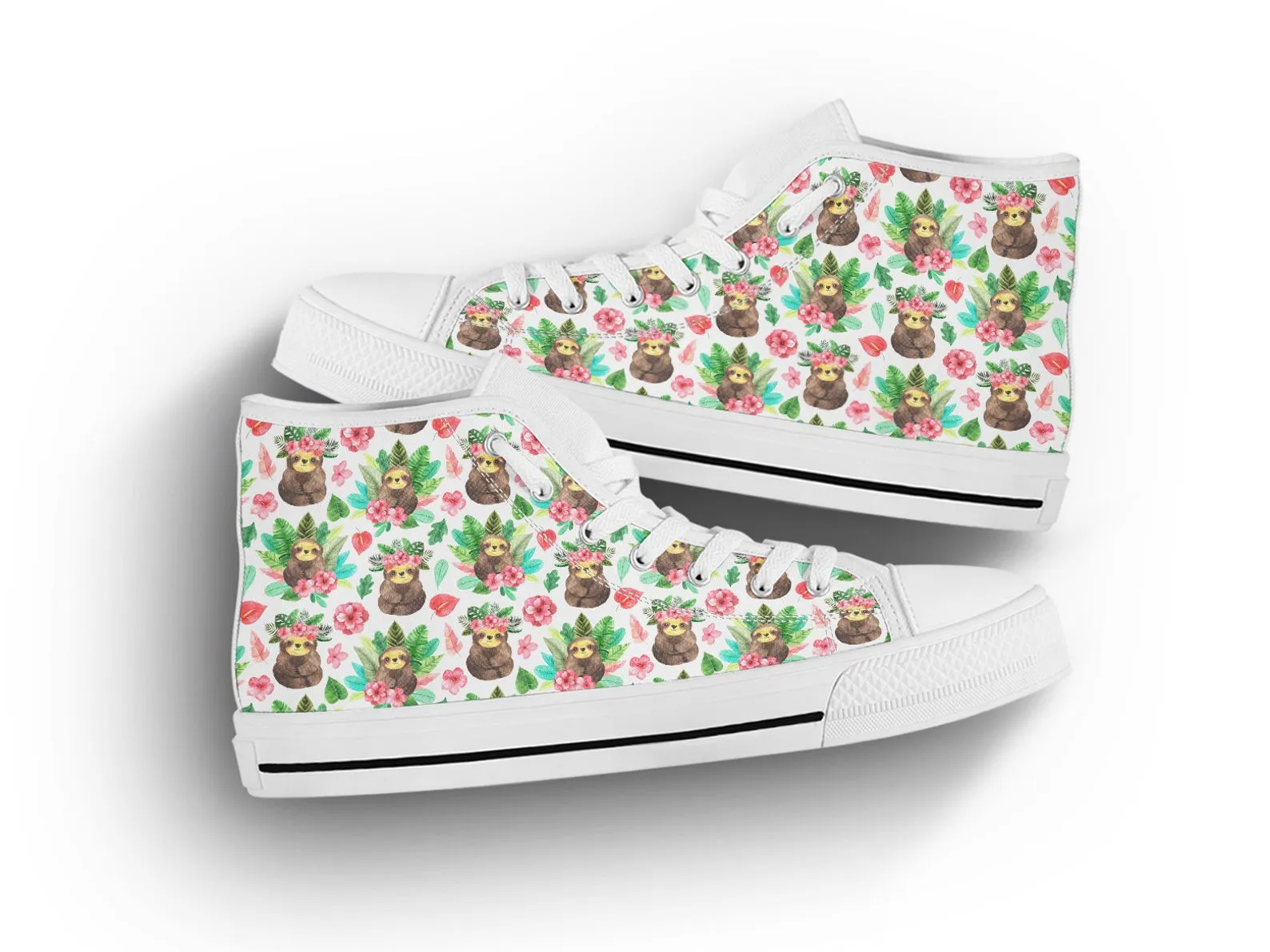 Floral Sloth Shoes Sloth Sneakers Cute Shoes Sloth Lover Gifts Custom High Top Converse Style Sneakers For Adults Women & Men