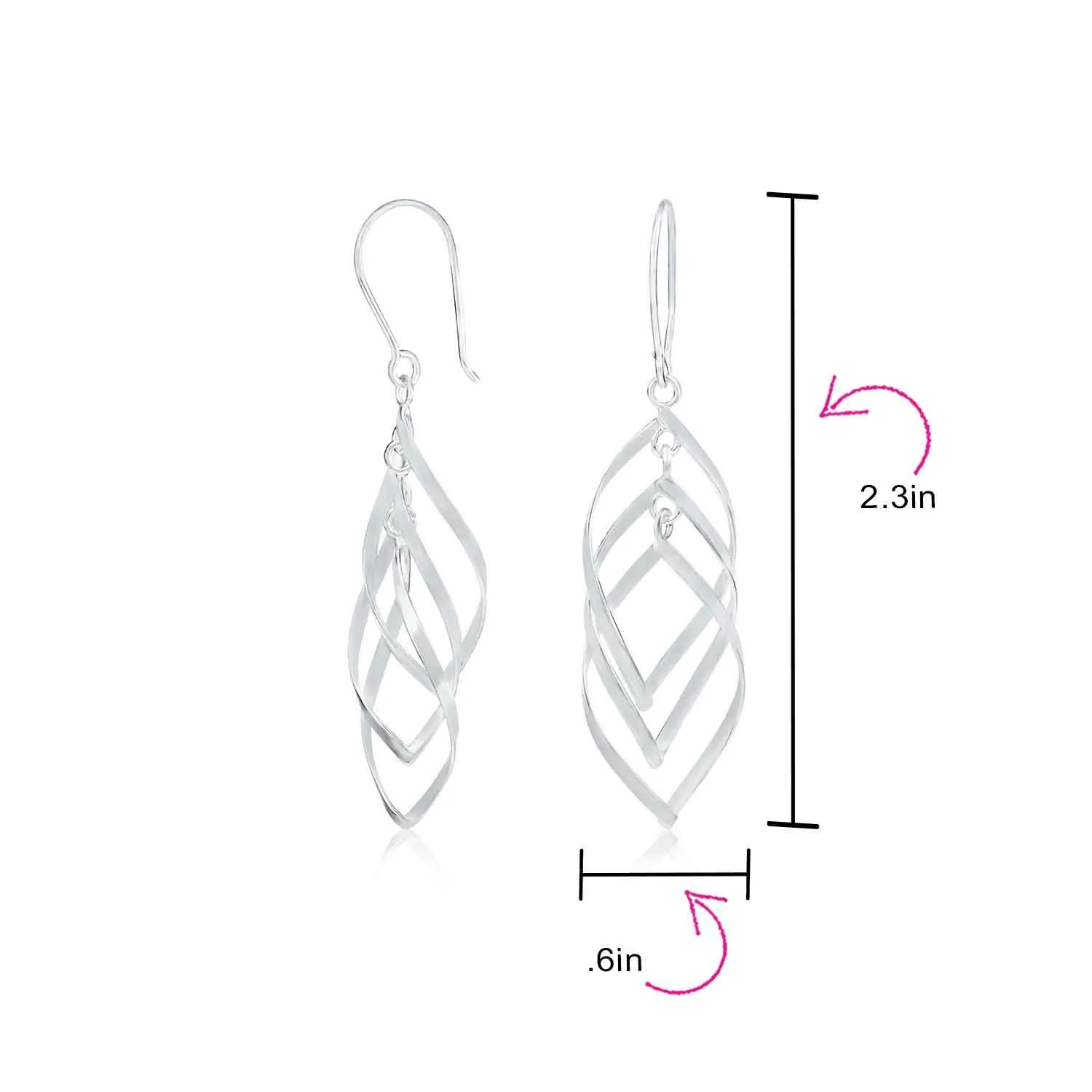 French Wire Long Wire Swirl Drop Dangle Earrings .925 Sterling Silver