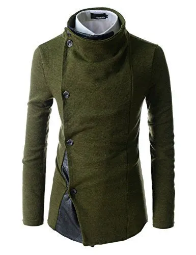 (GD93) Slim Stylish Unbalanced Metallic Leather Point Knitted Cardigan Sweaters KHAKI US 2XL(Tag size 3XL)