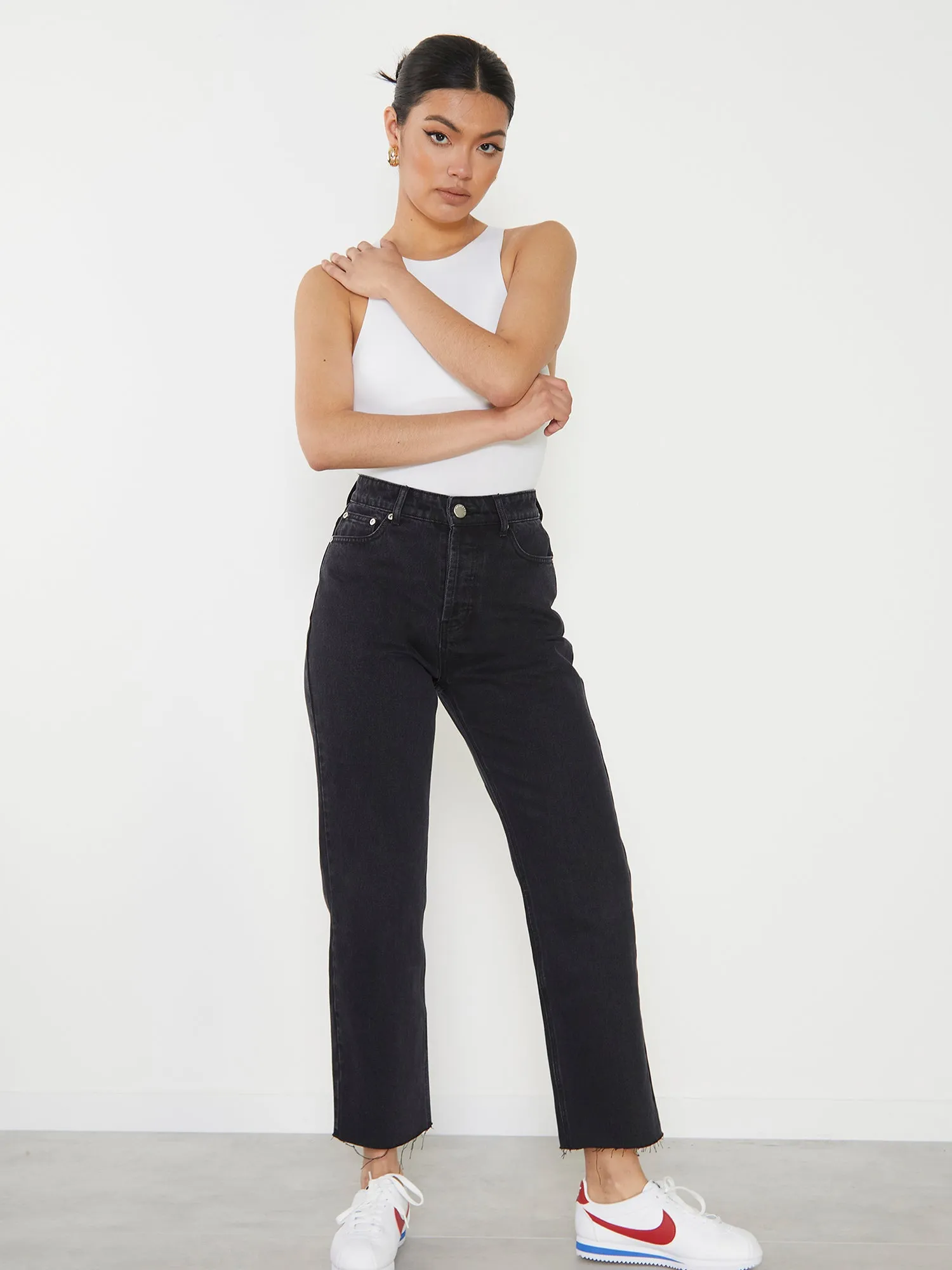 Glamorous Black Cut Off Straight Leg Jeans