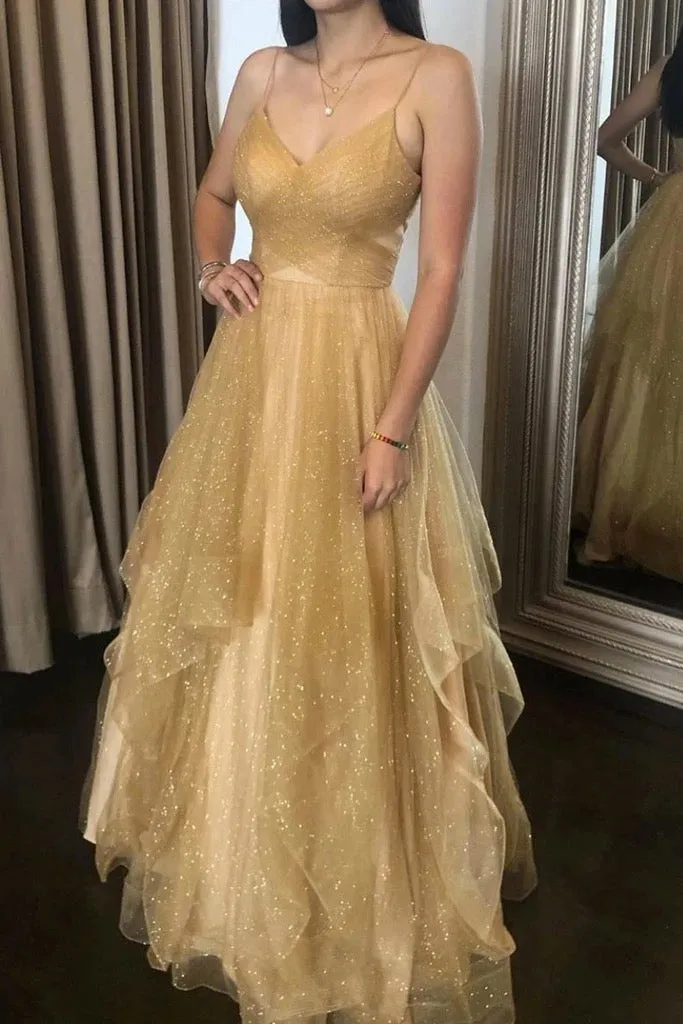 Gold Champagne Tulle Spaghetti Straps V Neck Open Back Long Prom Dress A64