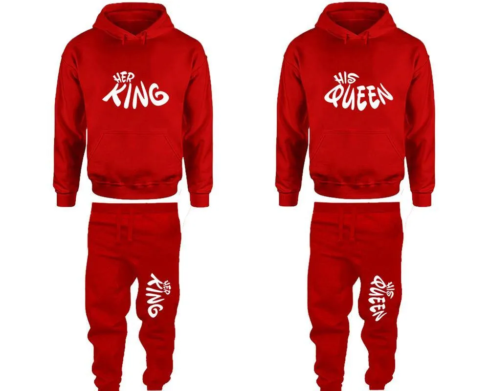 Her King His Queen Couple Pullover Hoodie and Jogger Pants, Matching Top Bottom Sets