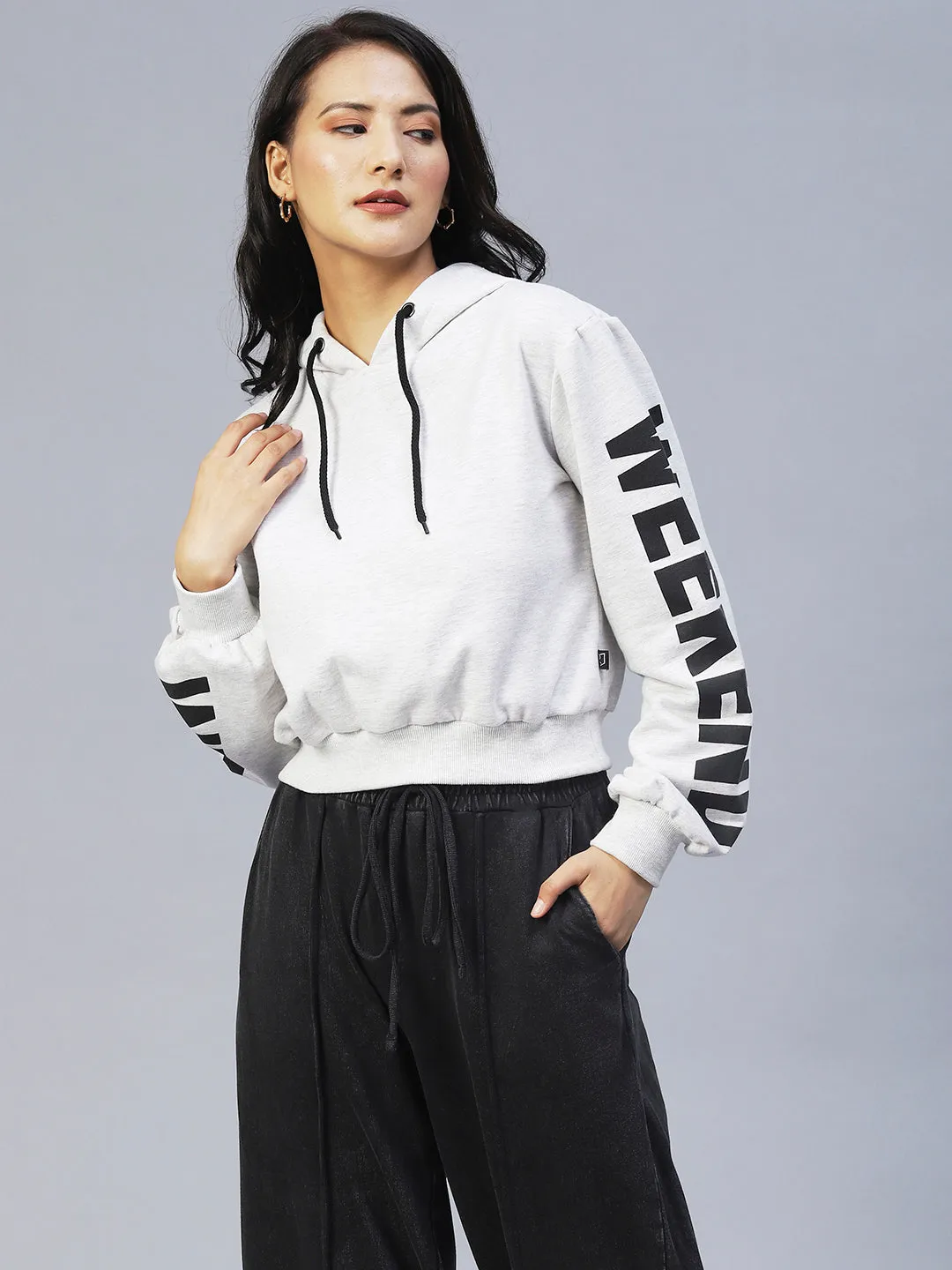 Hooded Printed Sleeves Fleece Sweatshirt