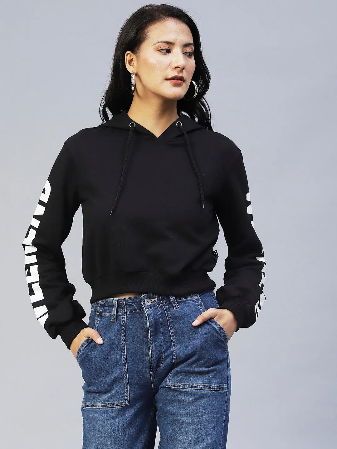 Hooded Printed Sleeves Fleece Sweatshirt