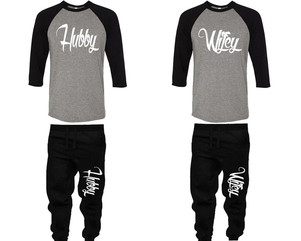 Hubby Wifey Couple Matching Baseball Shirts and Jogger Pants Top & Bottom Sets