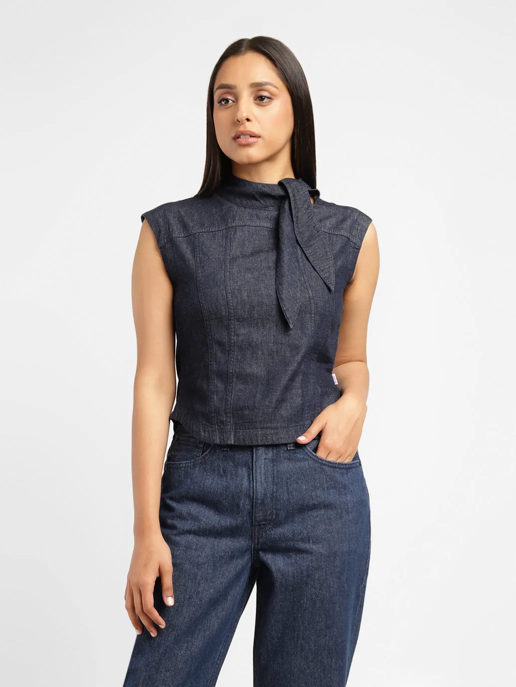 Levi's x Deepika Padukone Solid Navy Band Neck Tops