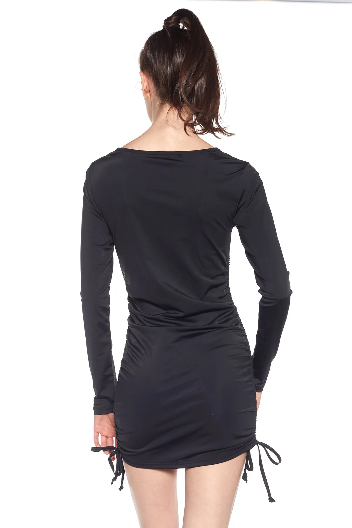 Long-Sleeved Cable-Shirred Dress - Black