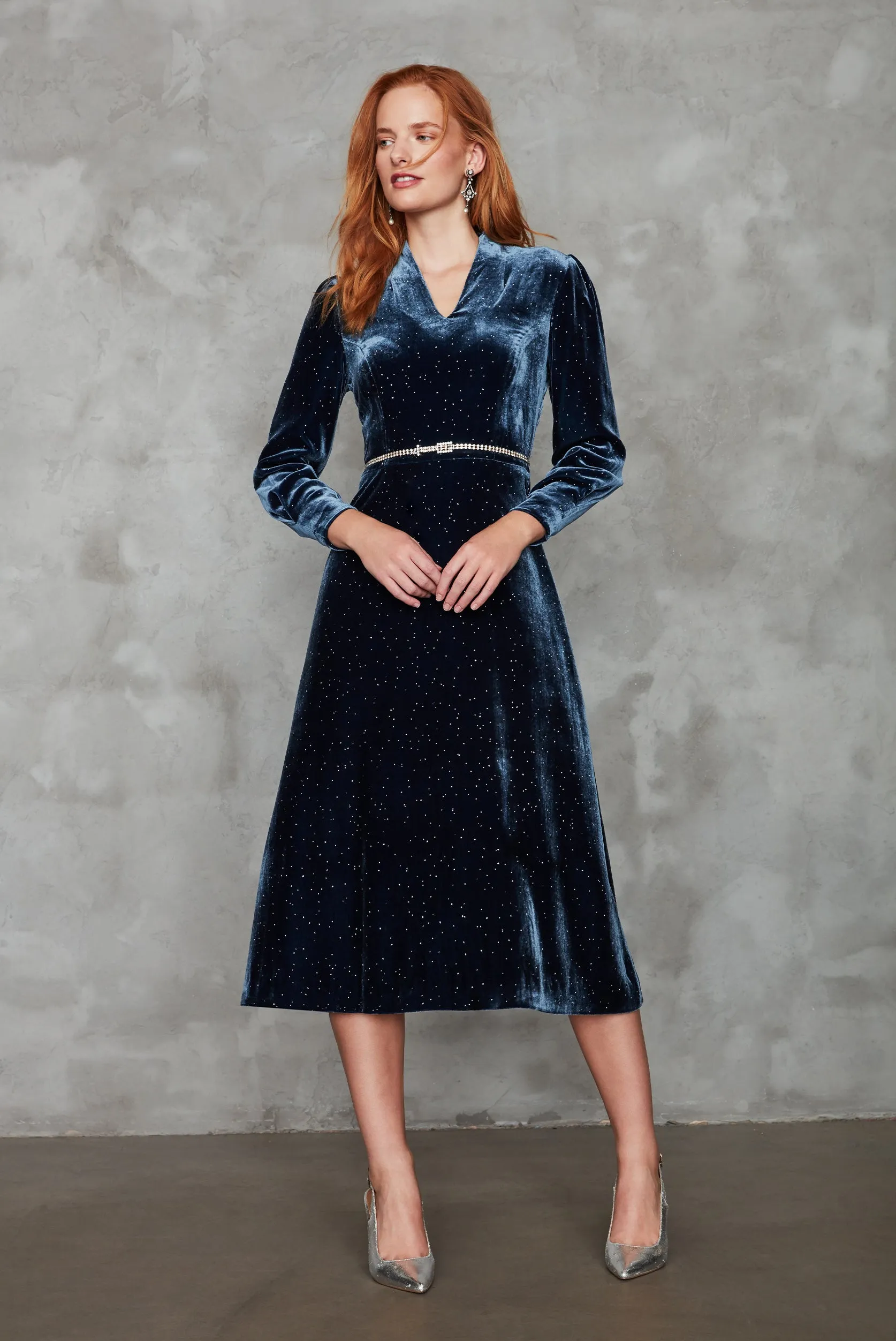 Long-Sleeved Midi Dress with Flared Skirt in Navy Sparkle Velvet - Sophie