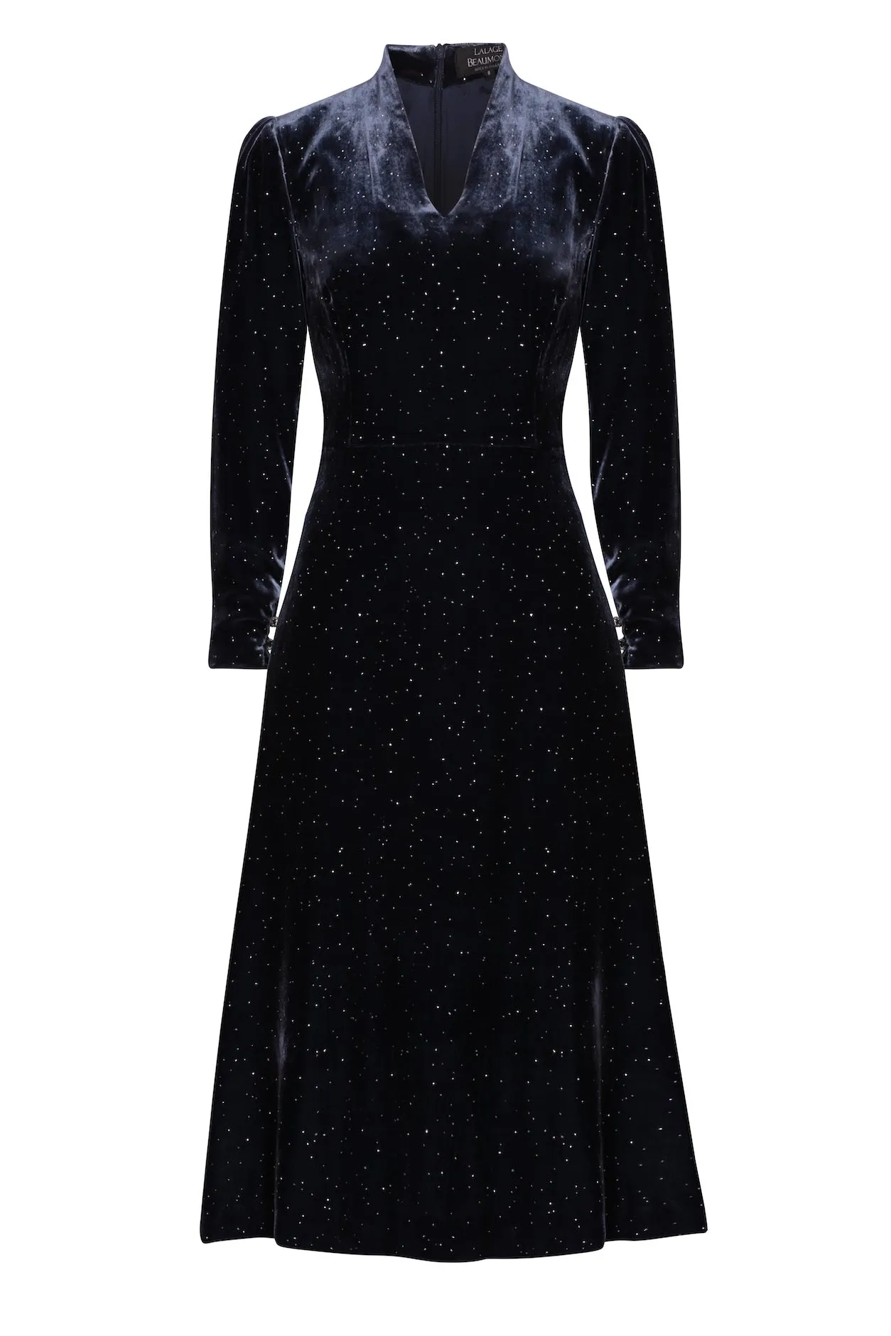 Long-Sleeved Midi Dress with Flared Skirt in Navy Sparkle Velvet - Sophie