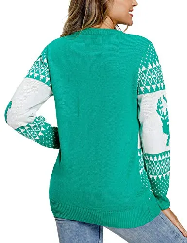 LookbookStore Women's Green Long Sleeves Ugly Christmas Tree Reindeer Winter Holiday Knit Sweater Pullover Size M 8 10