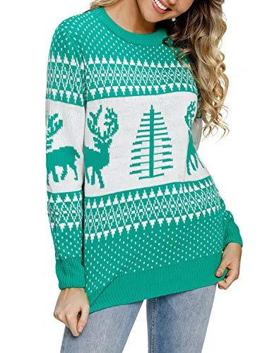 LookbookStore Women's Green Long Sleeves Ugly Christmas Tree Reindeer Winter Holiday Knit Sweater Pullover Size M 8 10