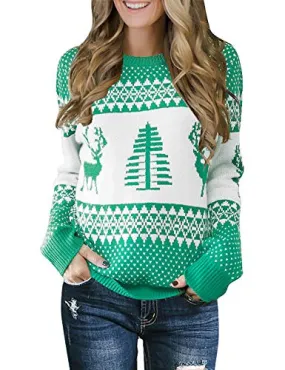 LookbookStore Women's Green Long Sleeves Ugly Christmas Tree Reindeer Winter Holiday Knit Sweater Pullover Size M 8 10