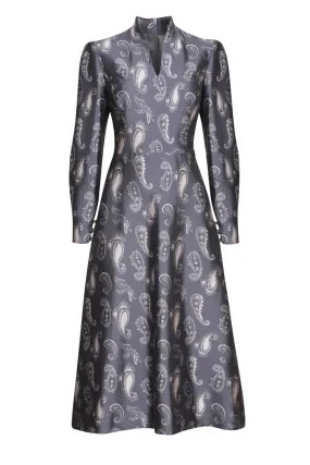 Midi Flared Dress in Grey Silk with Paisley Print - Sophie