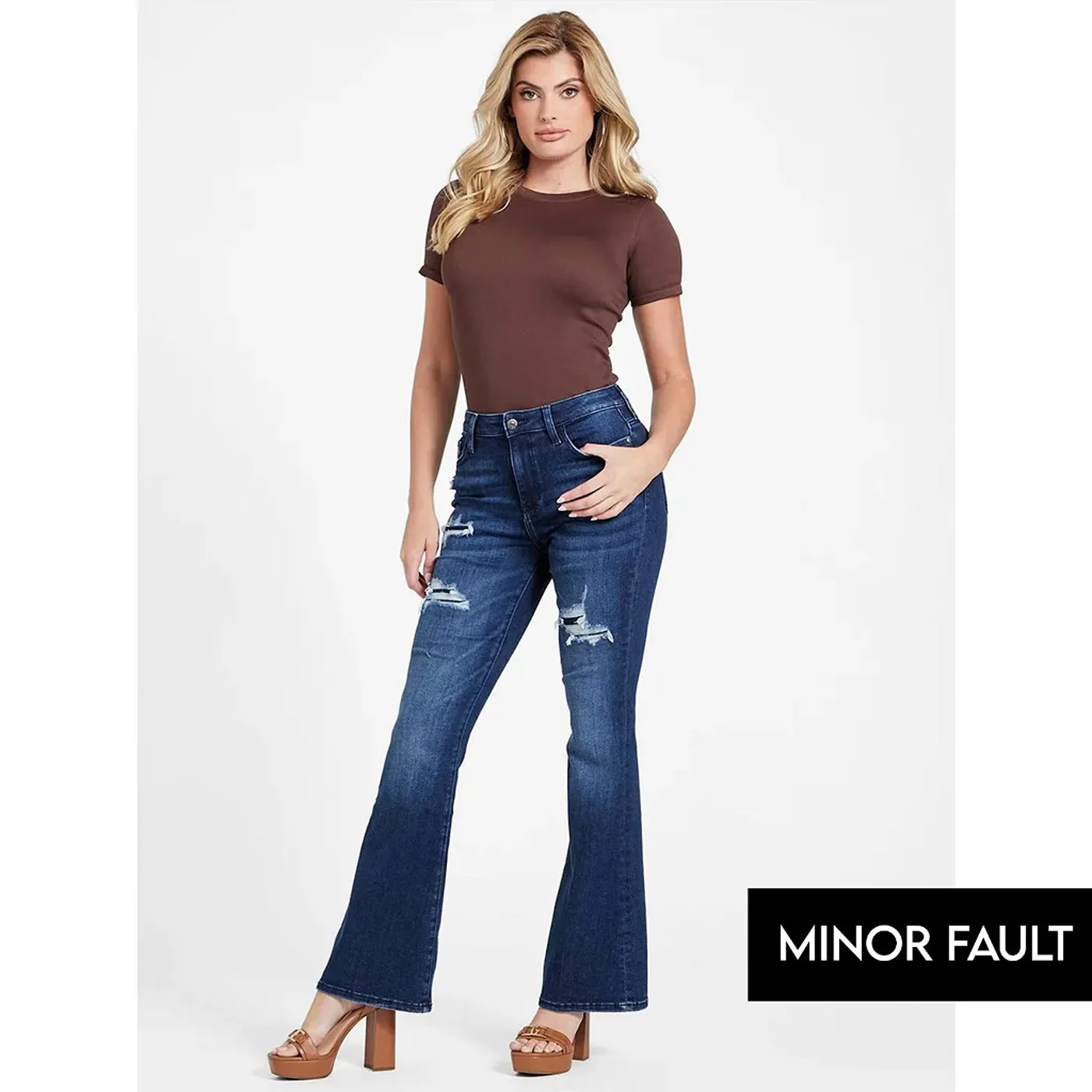 (Minor Fault) Blue Ripped High Rise Flare Jeans