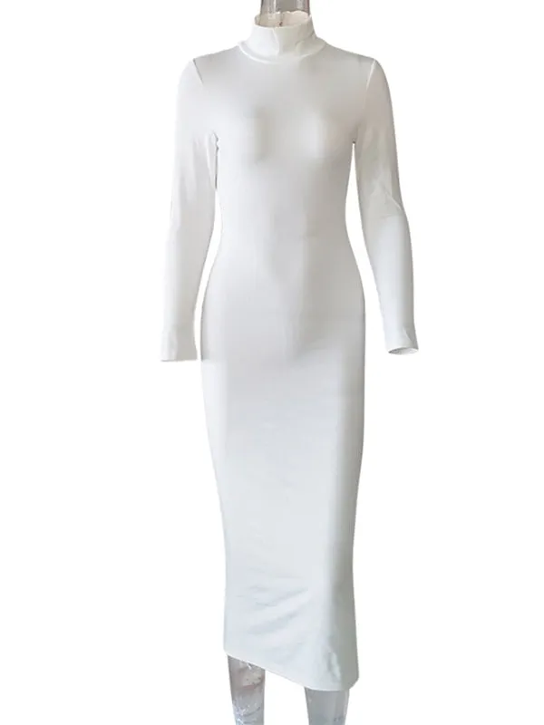 Momnfancy White High Neck Long Sleeve Bodycon Fashion Slim Party Baby Shower Maternity Midi Dress