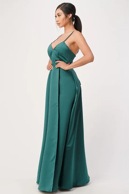 open side back spaghetti zig zag tie satin gown