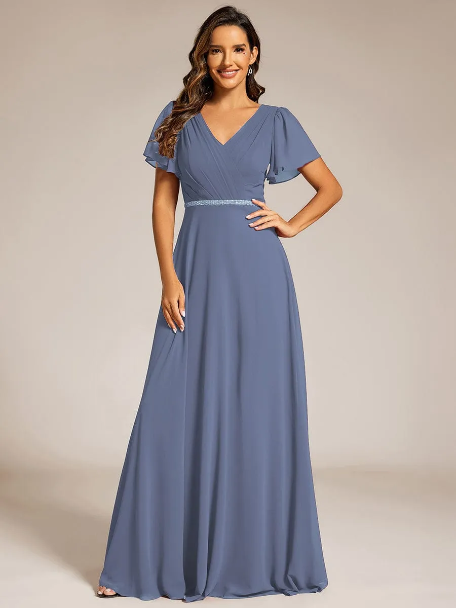 Pleated A-Line Chiffon Formal Evening Dress with Short Sleeves and Sequin Waist