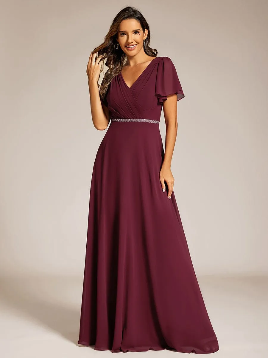 Pleated A-Line Chiffon Formal Evening Dress with Short Sleeves and Sequin Waist