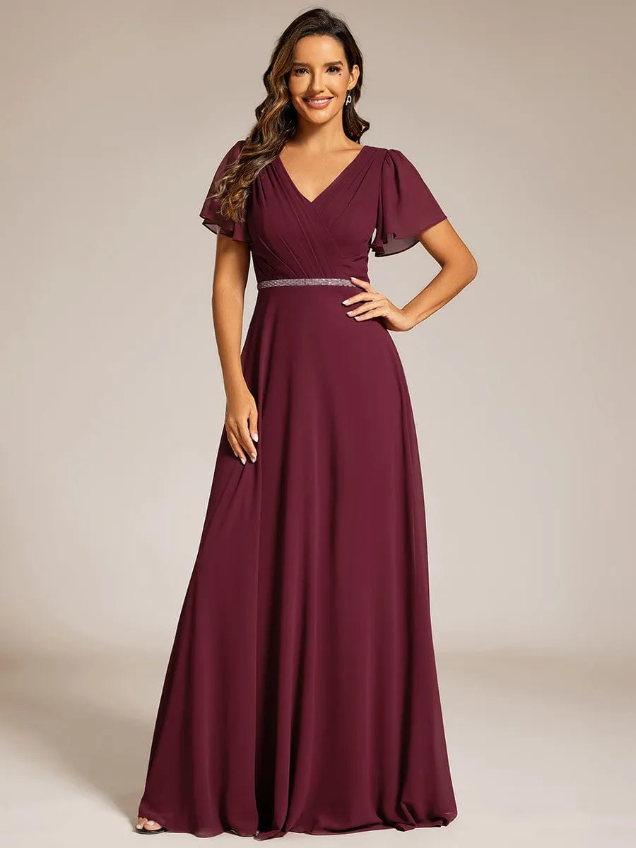 Pleated A-Line Chiffon Formal Evening Dress with Short Sleeves and Sequin Waist