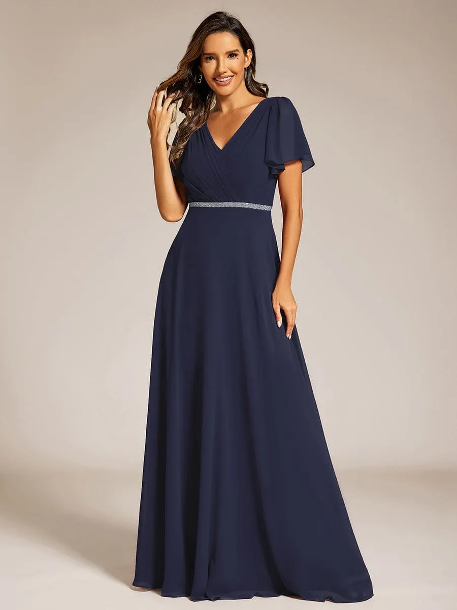 Pleated A-Line Chiffon Formal Evening Dress with Short Sleeves and Sequin Waist