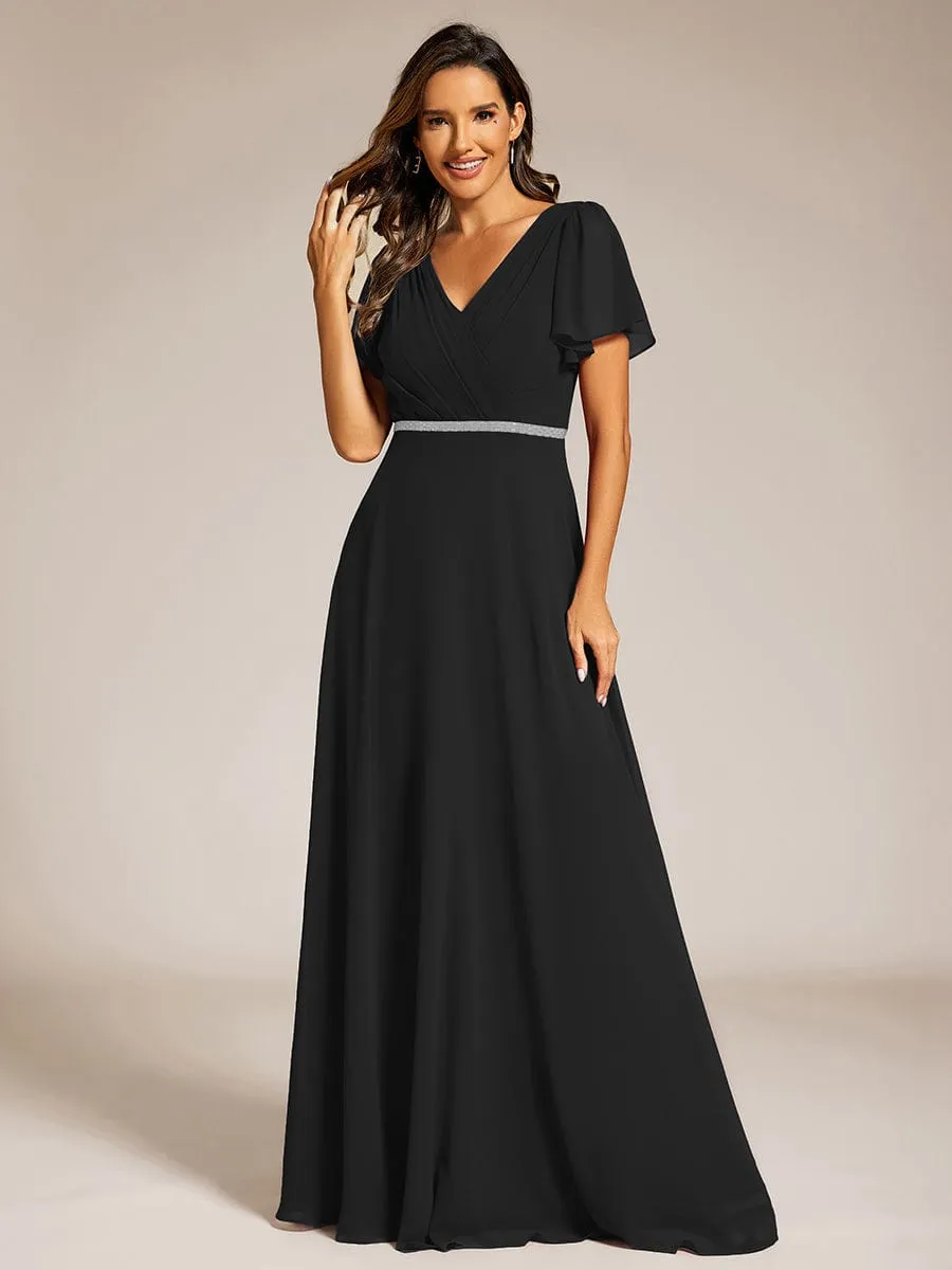 Pleated A-Line Chiffon Formal Evening Dress with Short Sleeves and Sequin Waist