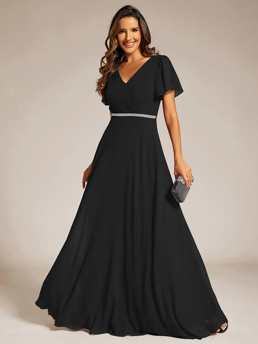 Pleated A-Line Chiffon Formal Evening Dress with Short Sleeves and Sequin Waist