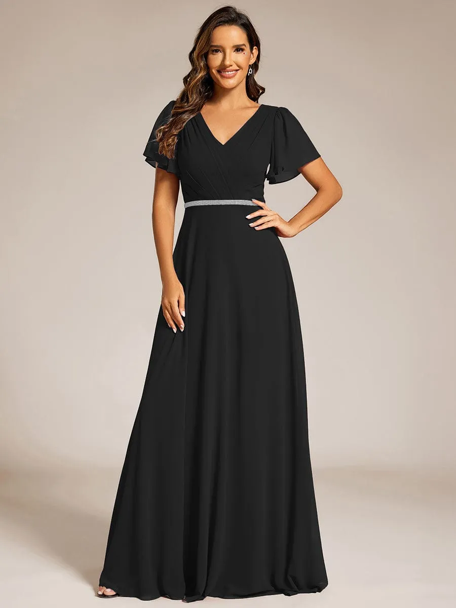 Pleated A-Line Chiffon Formal Evening Dress with Short Sleeves and Sequin Waist