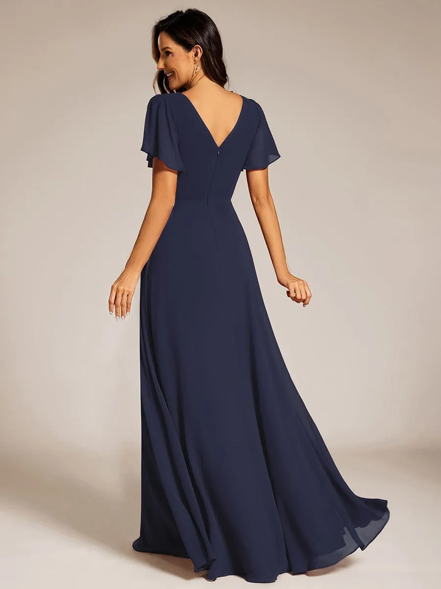 Pleated A-Line Chiffon Formal Evening Dress with Short Sleeves and Sequin Waist