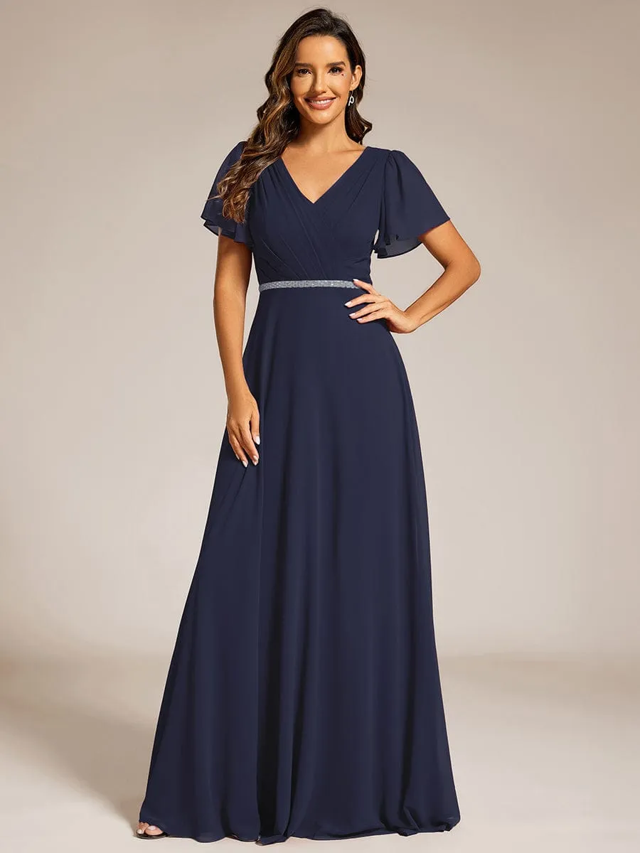 Pleated A-Line Chiffon Formal Evening Dress with Short Sleeves and Sequin Waist