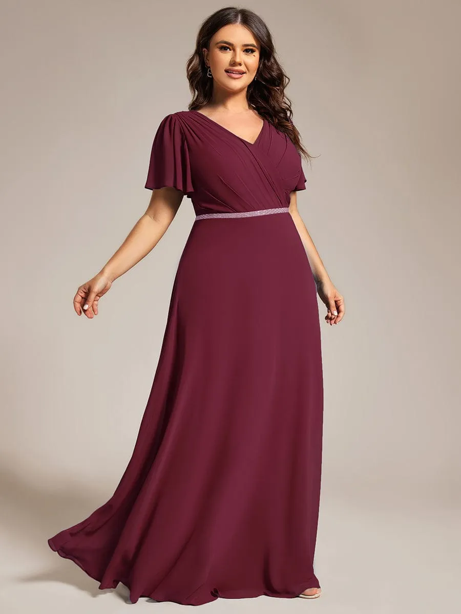 Pleated A-Line Chiffon Formal Evening Dress with Short Sleeves and Sequin Waist