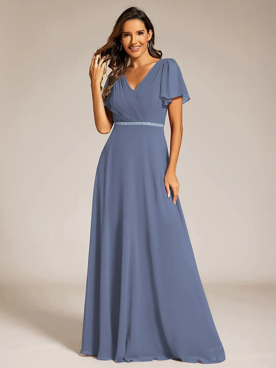 Pleated A-Line Chiffon Formal Evening Dress with Short Sleeves and Sequin Waist