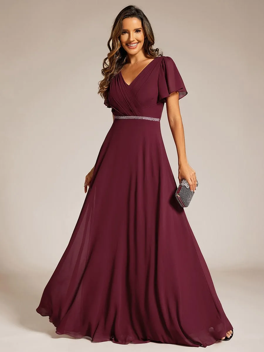 Pleated A-Line Chiffon Formal Evening Dress with Short Sleeves and Sequin Waist