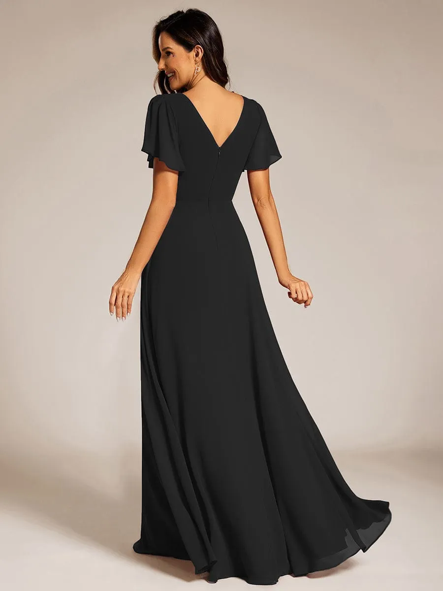 Pleated A-Line Chiffon Formal Evening Dress with Short Sleeves and Sequin Waist